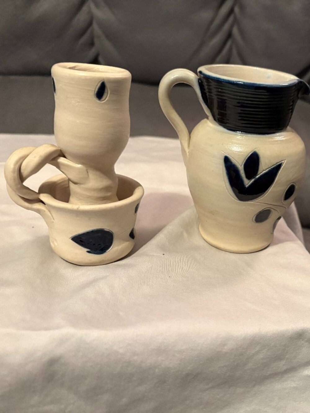 Williamsburg Pottery Pitcher 4.75" H & Candle Stick Holder 4.5"-Blue Accents-EUC